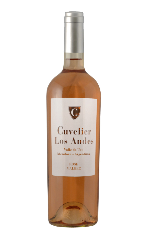 Botella de vino rosé Cuvelier Los Andes Malbec de Mendoza Argentina con etiqueta frontal sobre fondo blanco